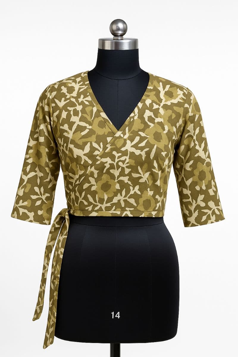 Olive Green Angrakha Wrap Blouse with Botanical Print