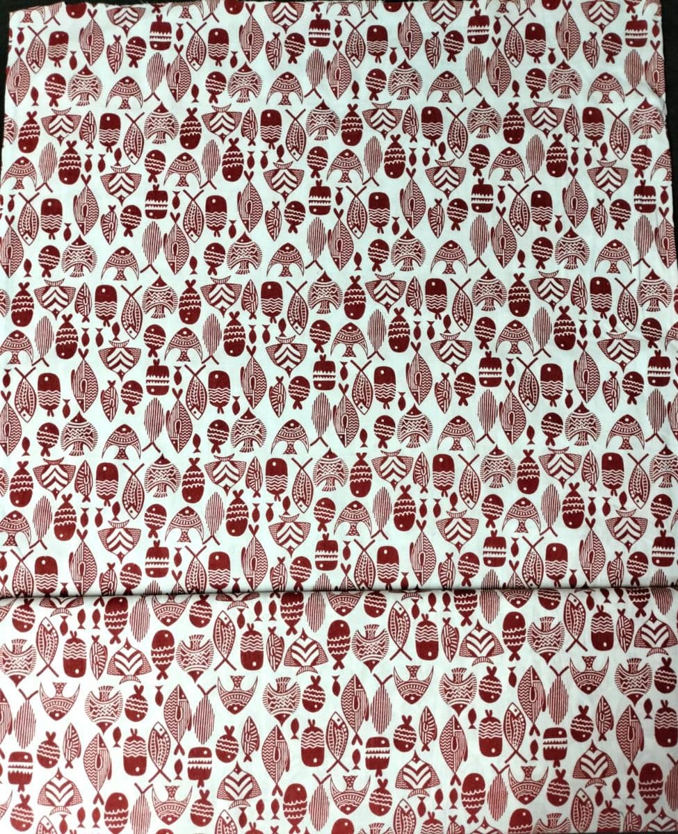 White & Maroon Cotton Fabric with Tribal Fish Print