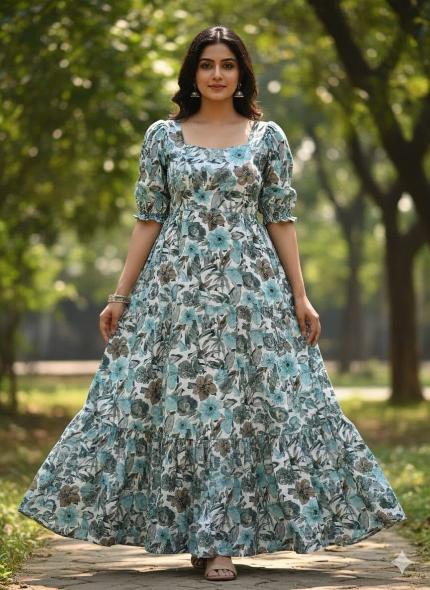 Teal Blossom Tiered Gown