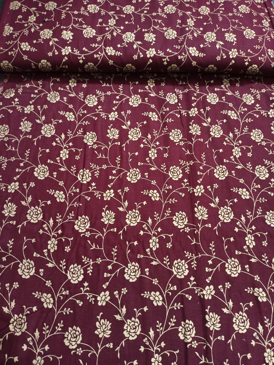 Deep Maroon & Gold Floral Vine Print Fabric