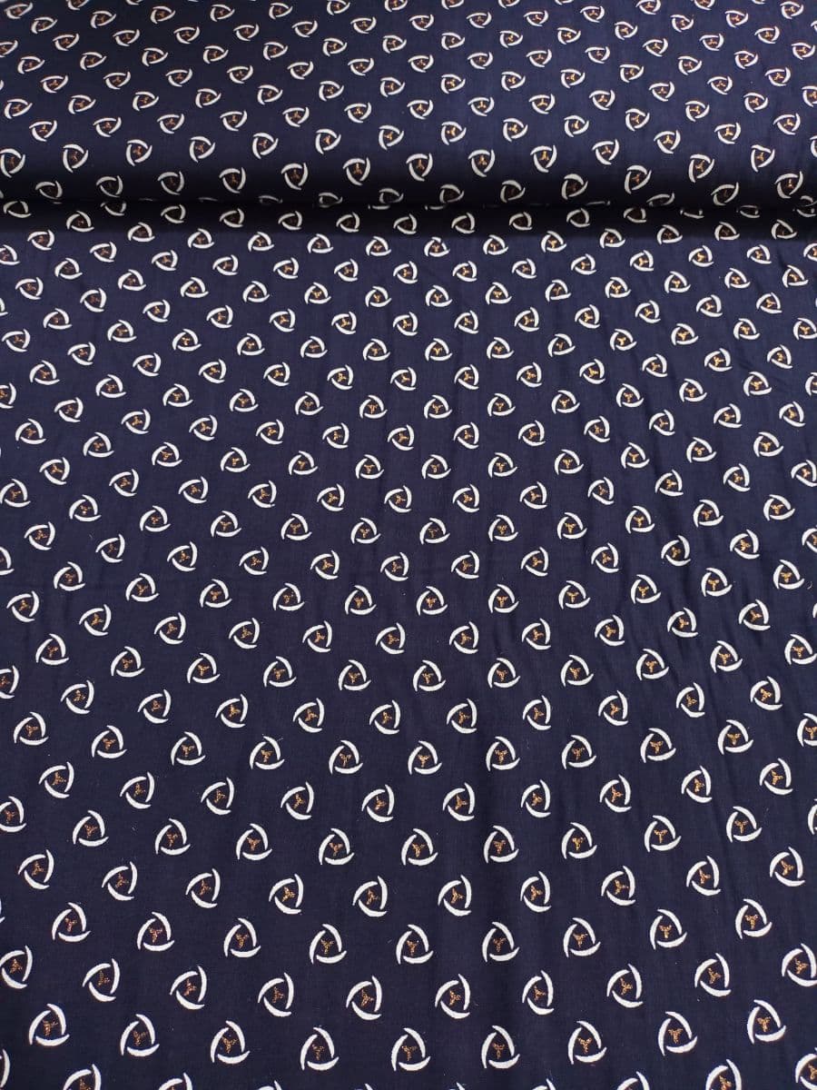Classic Navy & White Geometric Triskelion Print Fabric