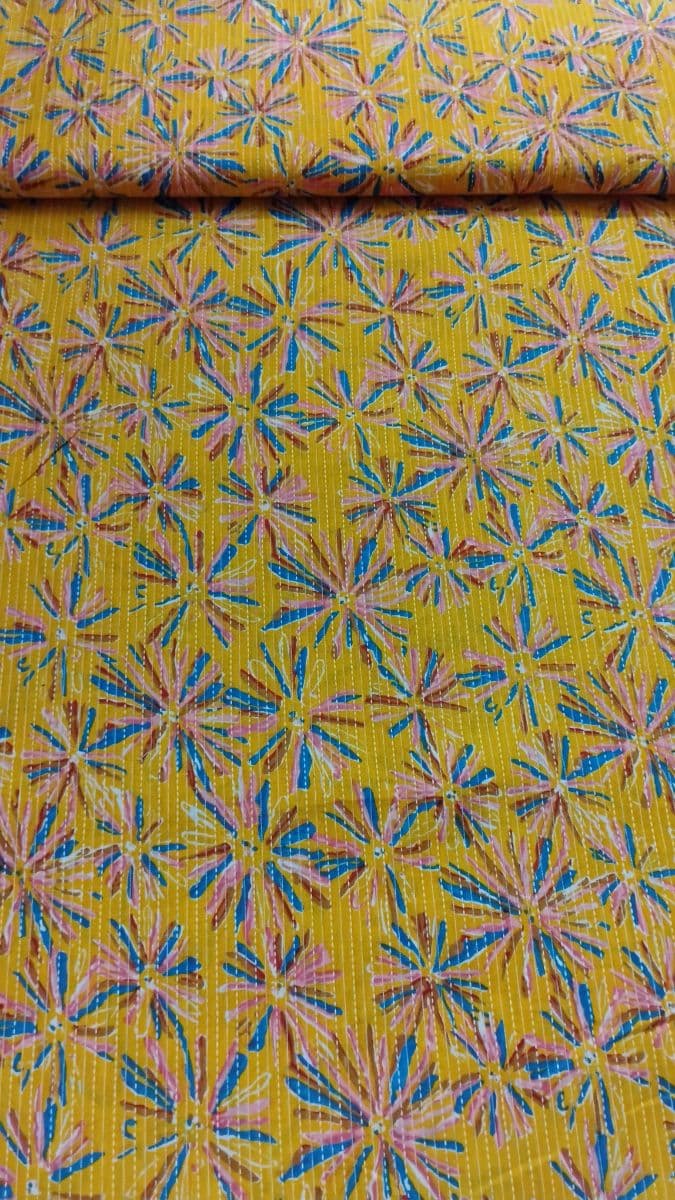 Vibrant Marigold Kantha Stitch Floral Fabric - Yellow & Blue Print