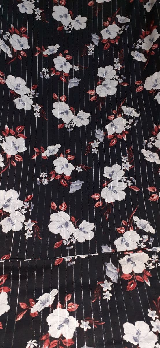 Gothic Romance Floral Stripe Fabric - Black, White & Red Hibiscus