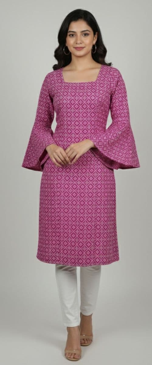 Magenta Geometric Bell-Sleeve Kurti