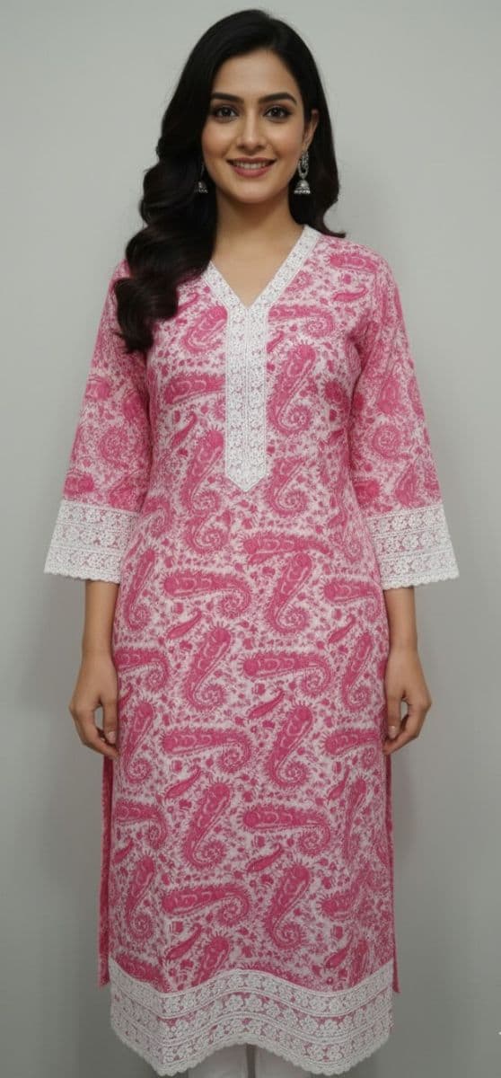 Pink Paisley Lace-Trimmed Kurti