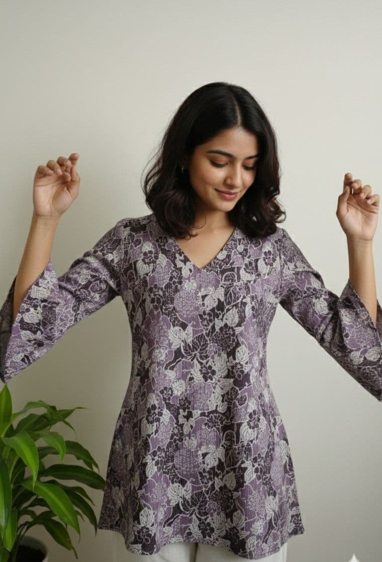Mauve Floral Bell-Sleeve Tunic Top