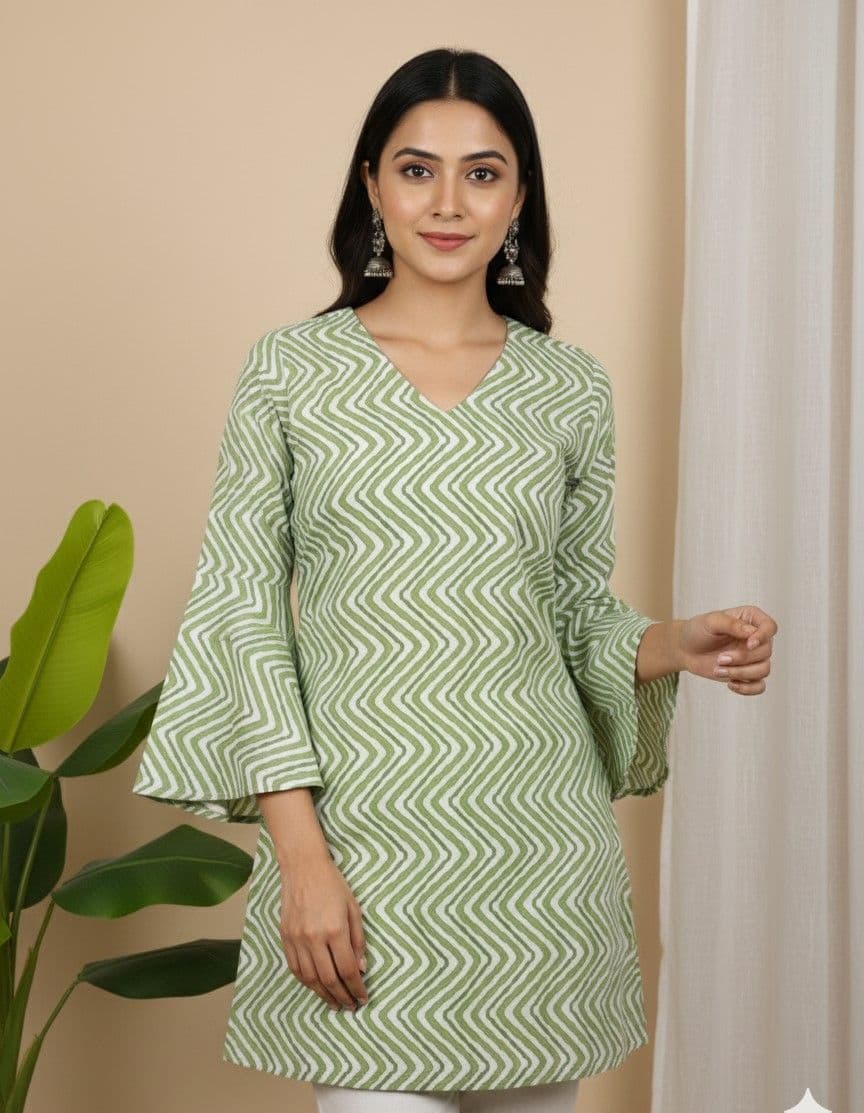 Sage Green Zig-Zag Flared Kurti