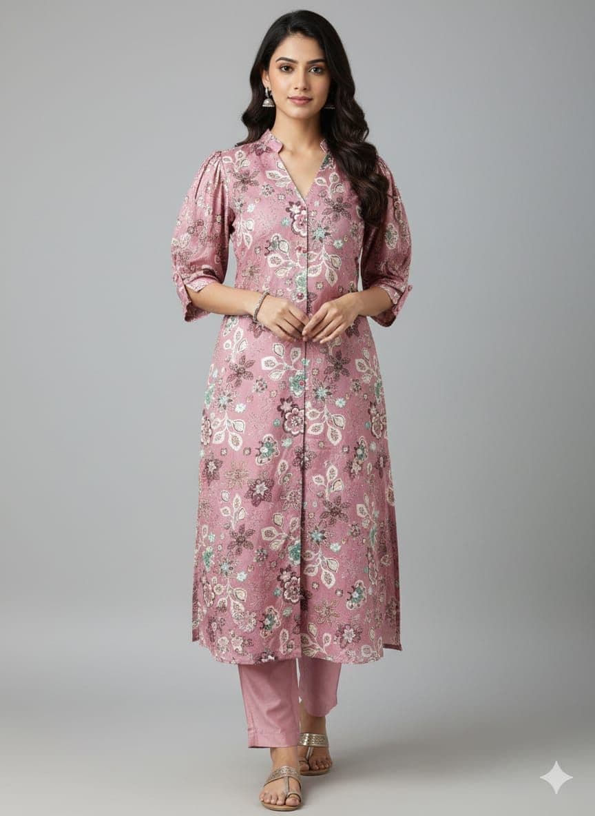 Mauve Blossom Puff-Sleeve Kurti-Pant Set