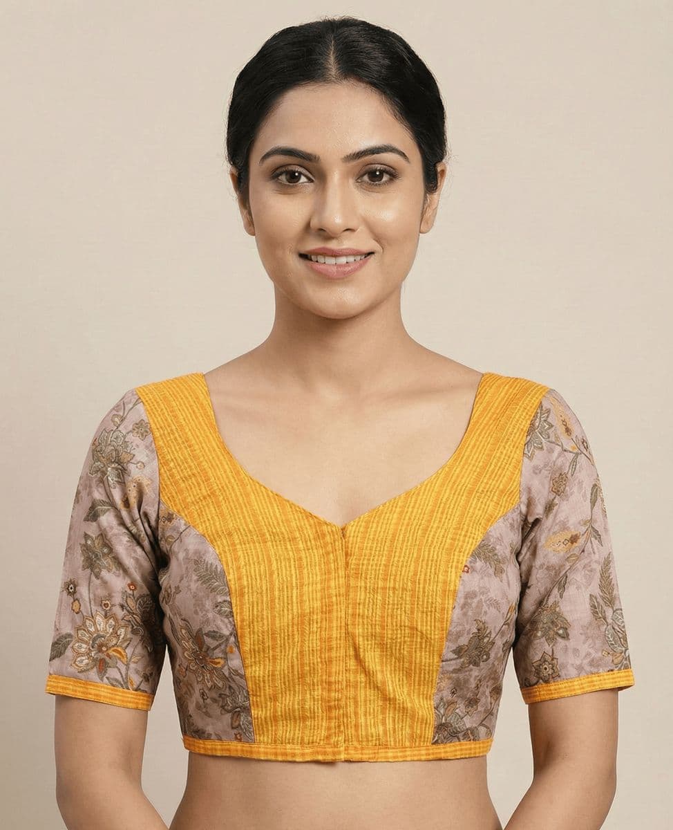 Mustard & Beige Floral Fusion V-Back Blouse
