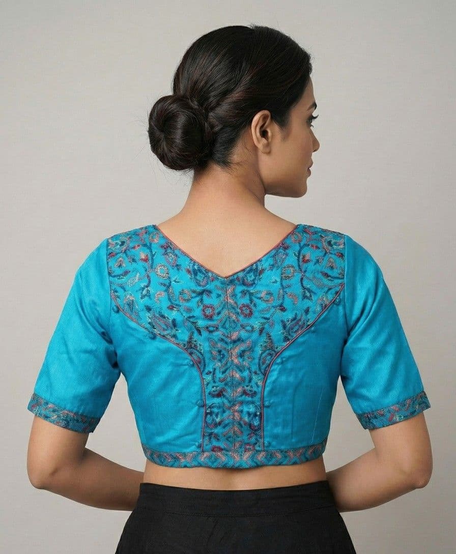 Cyan Blue Raw Silk Designer Blouse with Embroidered Details