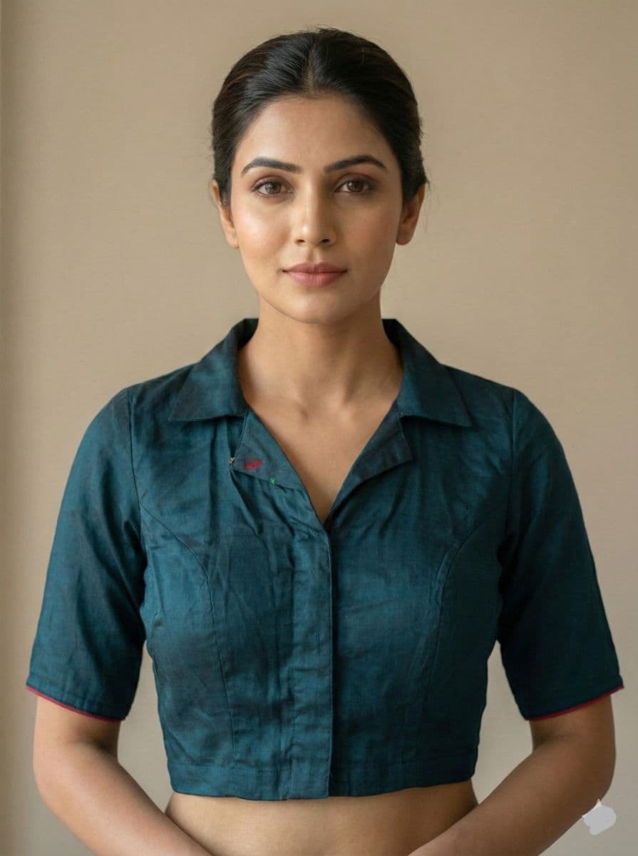 Teal Green Collared Blouse with Floral Back Embroidery