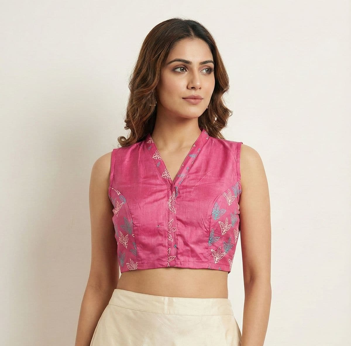 Rani Pink Leaf Print Collared Sleeveless Blouse