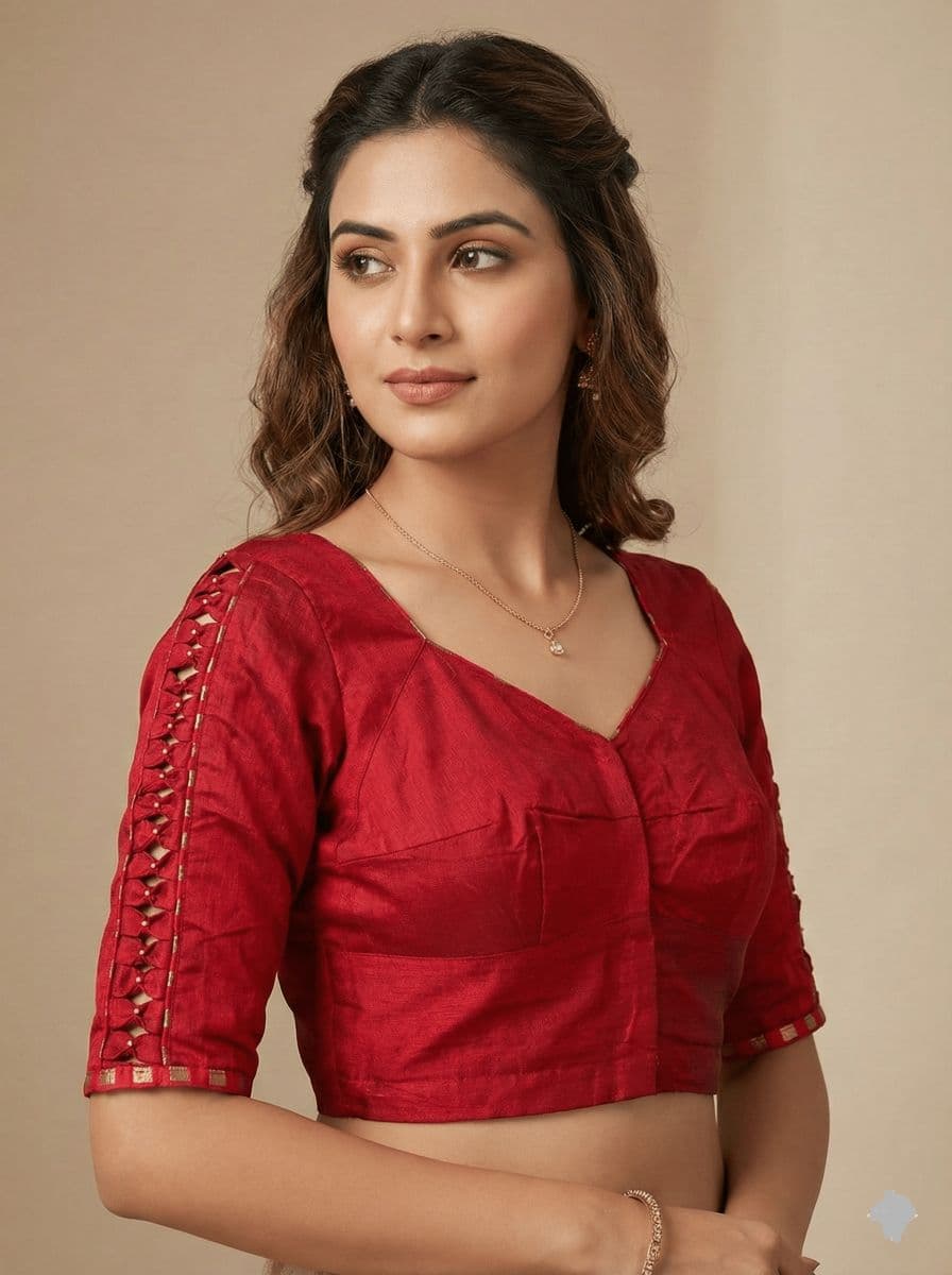 Crimson Red Silk Blouse with Bow-Knot Cutout Sleeves