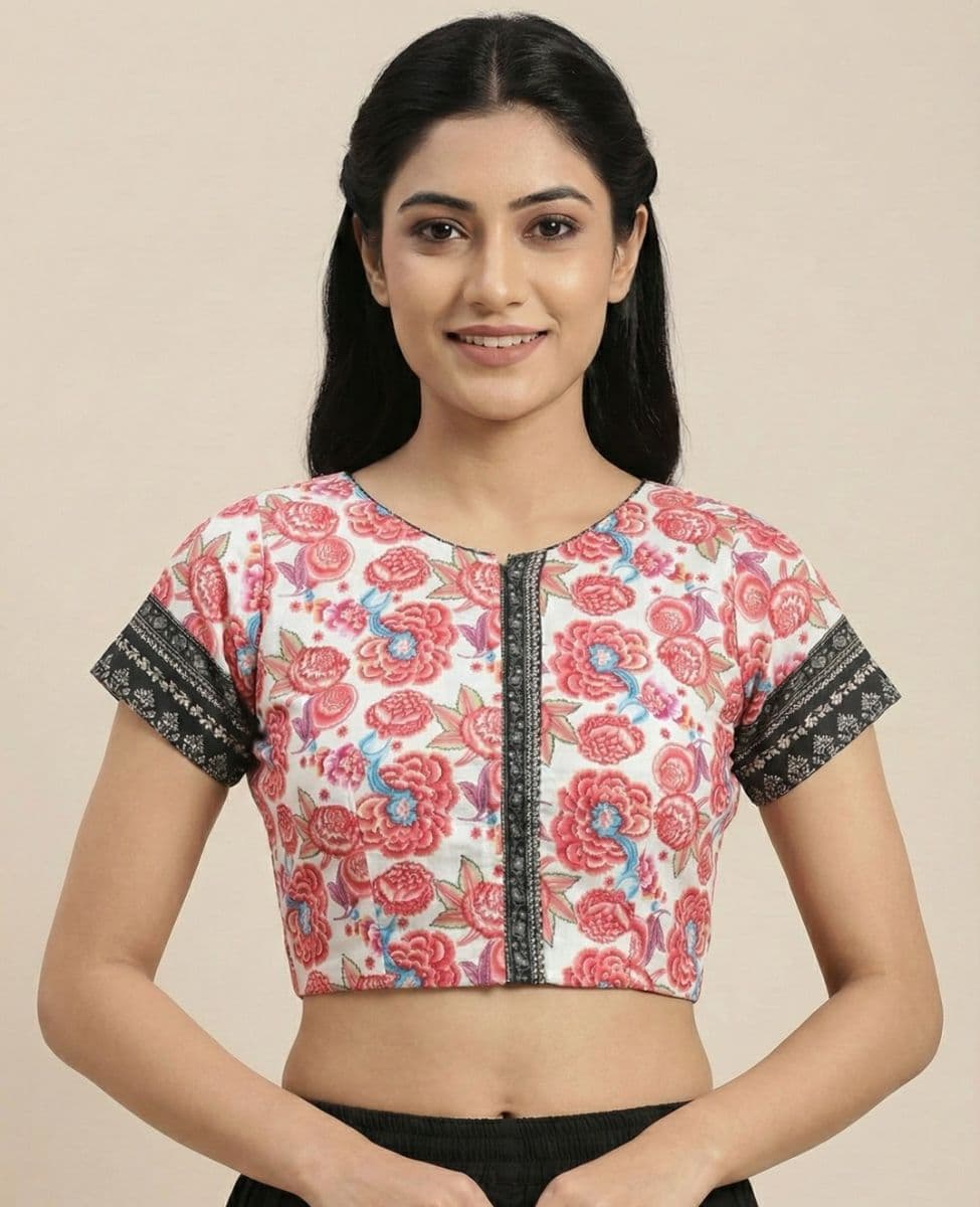 Pink Floral Bloom Cotton Blouse with Contrast Sleeves