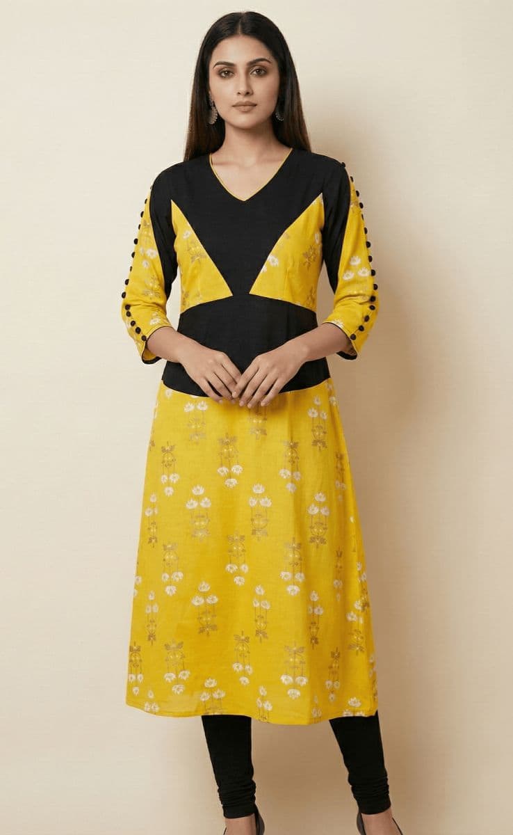 "Sunshine Bloom" Yellow & Black Color-Block Kurti